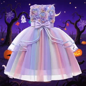 Colorful Flower Girl Wedding Dress Unicorn Cosplay Costume For Halloween Girls Party Dresses Layered Rainbow Girl Princess Dress