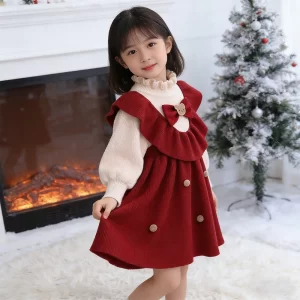 New Year Dress For Girls Knit Red Dress Autumn And Winter Warm Costume Baby Girl Clothes Princess Dress Kids Cute Birthday Dress