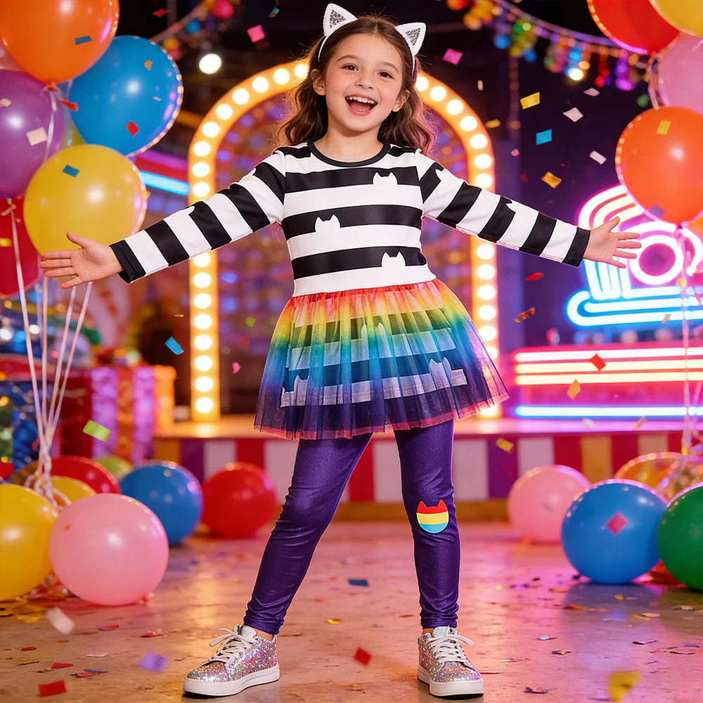 Carnival Outfits Dress+Pants 2Pcs Sets For Children Rainbow Stripe Gabby Dollhouse Cosplay Costumes Kids Girls Party Dresses Up